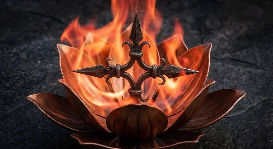 A copper lotus holding a flame, with an iron cross at its center